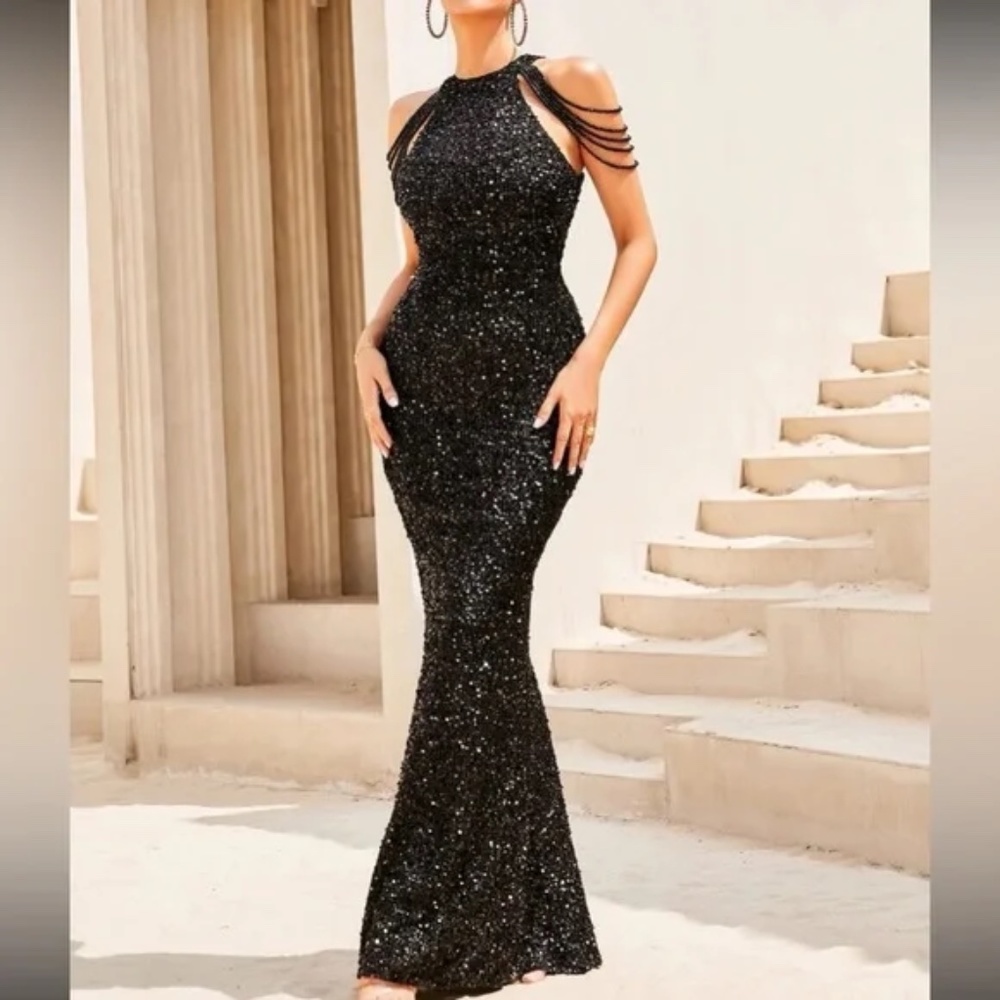 Luxe Sequin Rhinestone Halter Formal Black Tie Wedding Dress - Picture 14 of 16